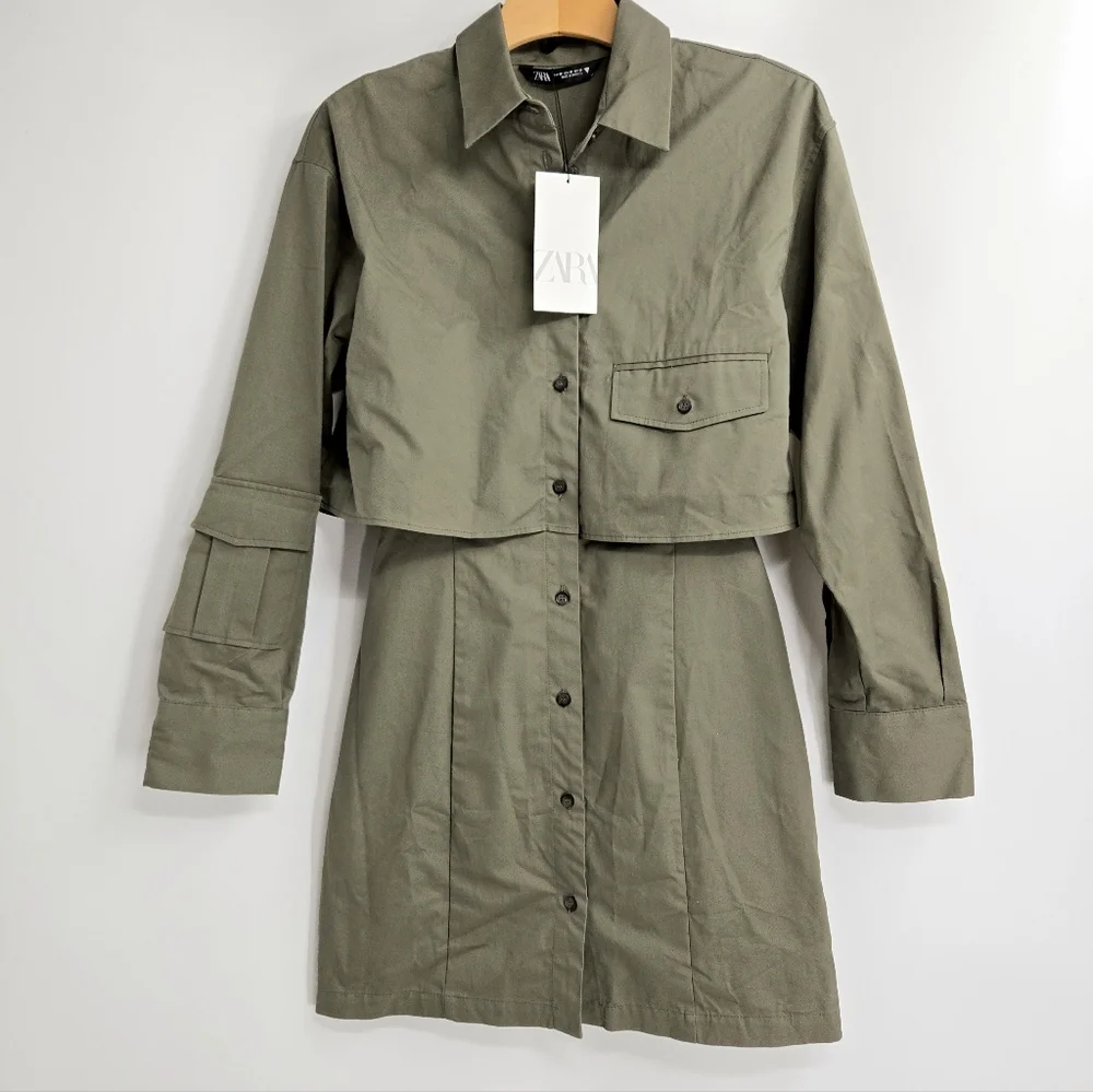 Zara Gabardine Shirt Dress Green Utility Long‎ Sleeves